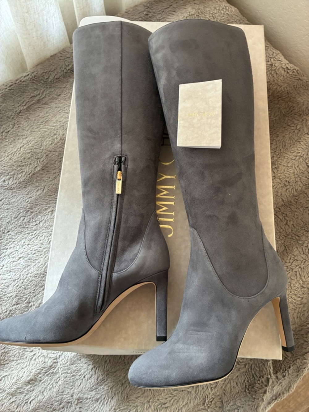 NIB NWT 6.5 Jimmy Choo London Tempe 85 Women's Suede Knee-High Boots Dusk Grey